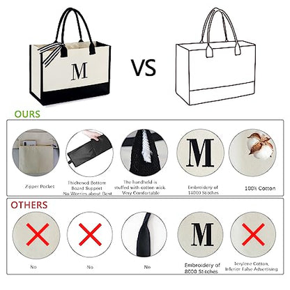 BeeGreen Embroidery Monogram Initial Tote Bag for Women Teacher Mom Friend Personalized Gift for Birthday Beach Work Wedding - color: Natural & Black, style: S