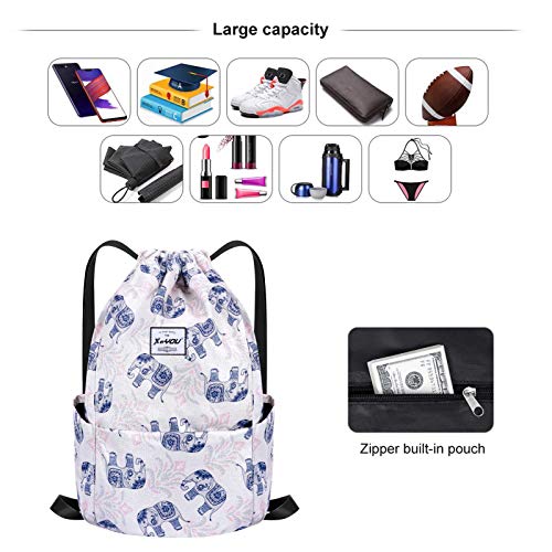 XEYOU Drawstring Backpack Bag Sport Gym Sackpack Beach Cinch Bag | Lightweight Swimming Bag, Water-Resistant Fabric, Travel Daypack for Women and Men - color: Little Blue Elephant