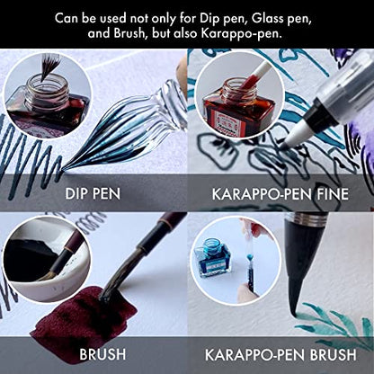 Kuretake Karappo Pen, Fine Brush tip 5pcs set, Ink-café MEIJI NO IRO ARAISHU Ink Bottle 20g for Fountain Pens