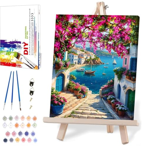 MIRCVSH Scenery Paint by Numbers Kit for Adults,Framed Landscape Paint by Number Kits on Canvas with Brushes,Flowers and Sea Oil Painting Kits with Wooden Easel for Home Wall Decor 12X16 Inch. - color: DKH194