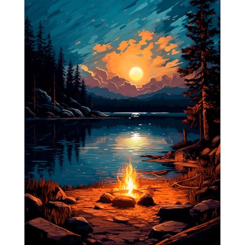 Paint by Numbers Kit for Adults, Sunset Lake DIY Painting Kit, 16x20 Inch | Campfire Paint by Numbers for Adults Beginners, Without Frame, Relaxing Hobby, Scenic Wall Art, Home Decor, Creative Gift - color: CYOP1P02