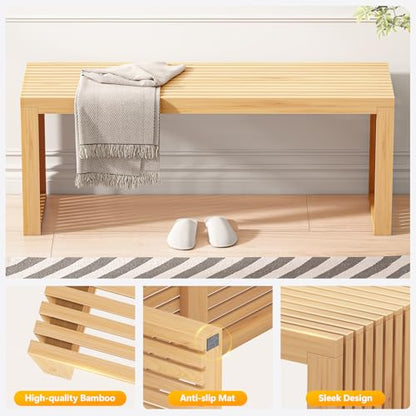 Bamboo Dining Bench, 35'' Slatted Design Entryway Bench, Natural - color: Natural, size: 35in