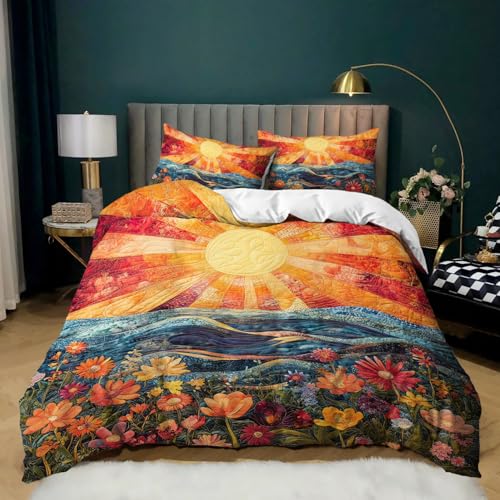 AILONEN Colorful Flower Duvet Cover Set King Size, Boho Sun and Ocean Bedding Set,Abstract Printed Soft Quilt Cover Cover + 2 Pillowcases,3 Pieces - color: S11, size: King