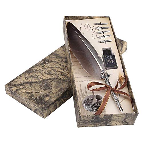 Calligraphy Pen Set Writting Quill Feather Pen 100% Hand Craft Real Feather and Stainless Steel Nib Best Antique Executive，Contains Ink no Need to Purchase Additional Ink (Black) - color: Black