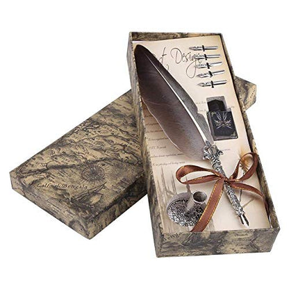 Calligraphy Pen Set Writting Quill Feather Pen 100% Hand Craft Real Feather and Stainless Steel Nib Best Antique Executive，Contains Ink no Need to Purchase Additional Ink (Black) - color: Black