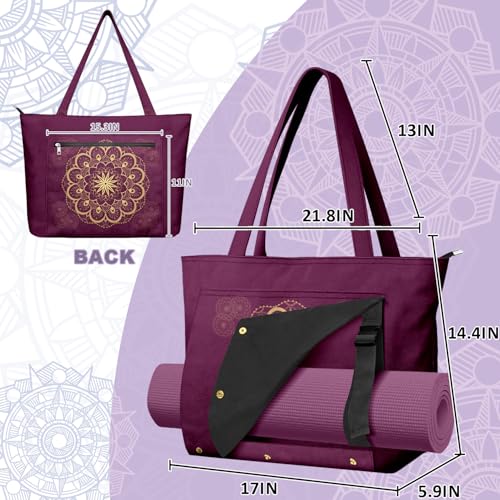 Yoga Bag for Women, Large Canvas Yoga Mat Tote Bag with Yoga Mat Carrier - color: Purple Mandala
