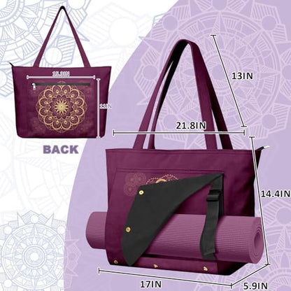 Yoga Bag for Women, Large Canvas Yoga Mat Tote Bag with Yoga Mat Carrier - color: Purple Mandala