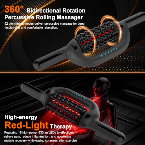 Electric Rolling Massager with Redlight, Handheld Percussive Roller Massger | Hands-Free Base Muscle Recovery and Back Massage Roller, Rechargeable 6-Speed Foot Massage Roller for belly Legs Calf Foot - color: Black