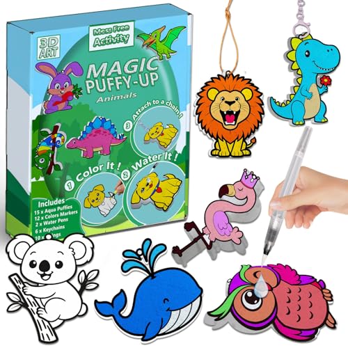 mom&myaboys 3D Aqua Puff Art Kit for Kids - Mess-Free Magic Water Painting Craft, DIY Color & Inflate Animals Activity, Creative Travel Gift for Girls & Boys Ages 4-10 (Animal-Zoo) - style: animal-zoo