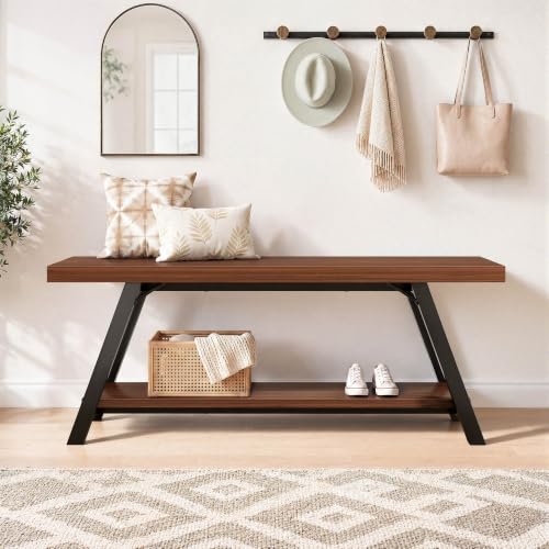 LVB Industrial Entryway Bench with Storage, Wood and Metal Bedroom Bench - color: Walnut