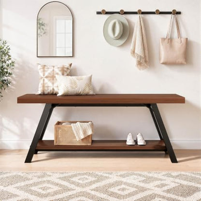 LVB Industrial Entryway Bench with Storage, Wood and Metal Bedroom Bench - color: Walnut