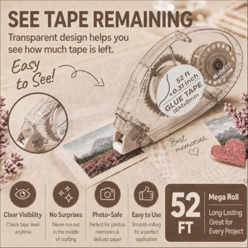 MARCADORUS Double Sided Tape Roller, Scrapbook Tape Runner Extra Long 52Ft | 52Ft x 0.31In Per Roller, 416Ft Total, Permanent, Acid-Free, Adhesive Photo Tape for Scrapbooking, Journaling & Paper Crafts - size: 52.5 Ft x 0.31 In : 8 Pack