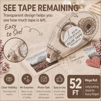 MARCADORUS Double Sided Tape Roller, Scrapbook Tape Runner Extra Long 52Ft | 52Ft x 0.31In Per Roller, 416Ft Total, Permanent, Acid-Free, Adhesive Photo Tape for Scrapbooking, Journaling & Paper Crafts - size: 52.5 Ft x 0.31 In : 8 Pack