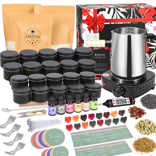 SAEUYVB Candle Making Kit, Candle Making Kit for Adults - DIY Starter Soy Candle Making Supplies-Including Soy Wax,Electric Stove,Melting Pot,Candle Wicks,Rich Scents,Stickers,Etc - size: 20 pcs candle tins kit