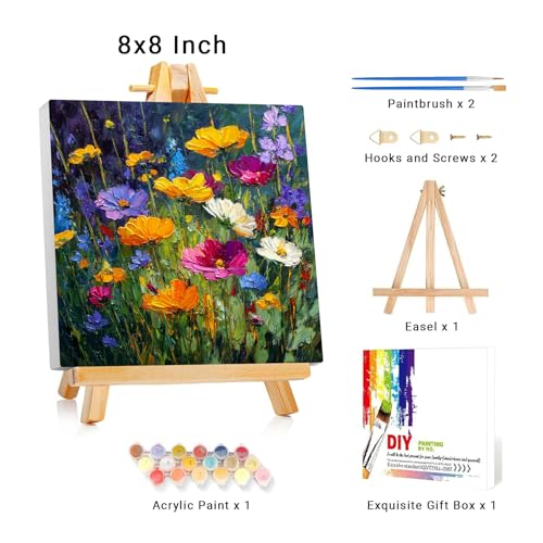 Framed Paint by Numbers Kit for Adults Beginner & Kids Ages 8-12 Flower Adult Paint by Number Kits on Canvas with Easel Floral Painting by Numbers for Adults with Frame DIY Painting Kits 8x8 Inch - color: NZB26, size: 8x8 Inch