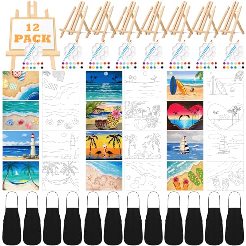 Motipuns 12 Set Beach Pre Drawn Canvas for Paint for Adults | 10 x 8 Inch, Sip and Paint Party Kit, Pre Printed Framed Canvas with Easels Paints Brushes Aprons, Party Adult Art Supplies - style: Beach