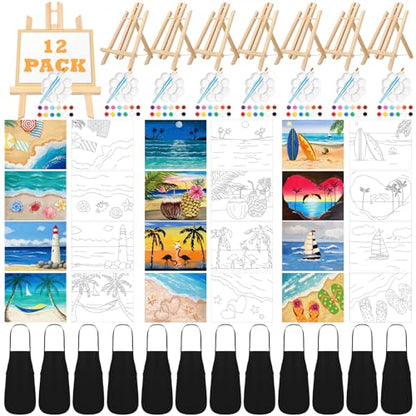 Motipuns 12 Set Beach Pre Drawn Canvas for Paint for Adults | 10 x 8 Inch, Sip and Paint Party Kit, Pre Printed Framed Canvas with Easels Paints Brushes Aprons, Party Adult Art Supplies - style: Beach