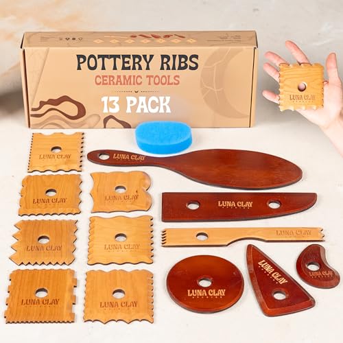 Pottery Tools & Ribs Set | 13 Pack - Kiln-Dried Cherry Wood Clay & Ceramic Tools for Trimming, Shaping & Wheel Throwing, Non-Warping, Home or Studio Use, Bonus Pottery Sponge Included - color: Eclipse (13 Tools)