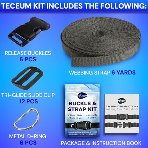 TECEUM 1" Nylon Strap Kit with Buckles, Charcoal 6 yards Repair Set | Heavy duty hardware kit: 6yd webbing, 6 quick release buckles, 12 tri-glide slide clips, 6 metal D-rings for crafting. - color: Charcoal, size: 1" - 6 yards, style: 6 Buckle - 12 Slides