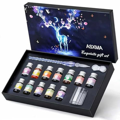 Glass Dip Calligraphy Pen Set, 14-Pieces 12 Color Inks, Pen Holder, Cleaning Cup, 1Crystal Glass Pens for Art, Writing, Drawing, Signatures, Gift for Kids and Artist - color: Blue