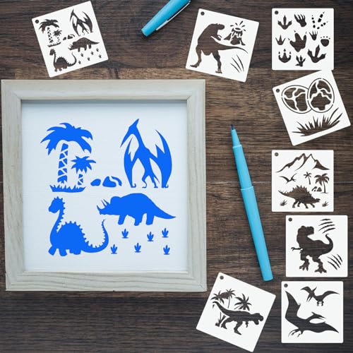 80 Pcs 4 x 4 Inch Stencils for Painting on Wood, Reusable Dinosaur Animal Mountain Plastic Stencils DIY Craft Paint Template Set for Wall Card Rock Home Decor - style: Dinosaur
