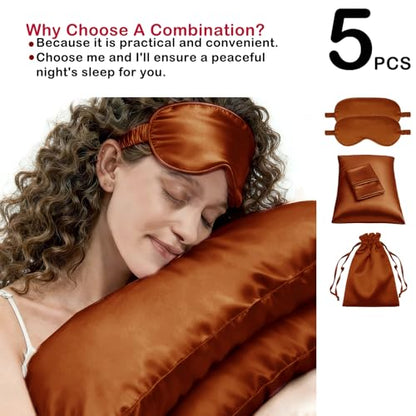 5Pcs Silky Sleep Mask Eye Masks Breathable Soft Satin Pillowcases Set for Sleeping Similar to Silk Pillowcase Travel Gift - color: Maple-queen Size