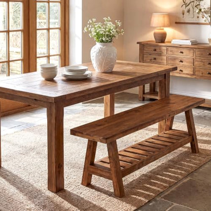 Solid Wood Dining Bench, 55-Inch Long Bench with Open Storage Shelf, 2-Tier Farmhouse Indoor Seating for Dining Room, Kitchen and Small Spaces, Brown