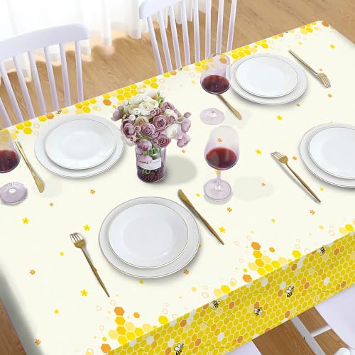 1Pc Bee Party Plastic Tablecloth 54 x 87 Inch Long Table Cover, Honey Honeycomb Party Tablecover for Cartoon Bee Theme Kids Baby Shower Birthday Dinner Picnic Kitchen Event - color: Bee
