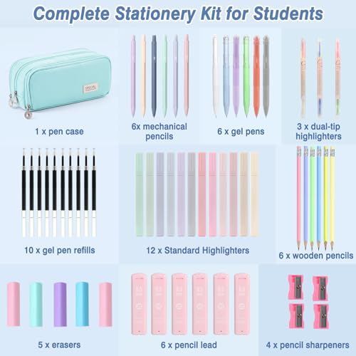 MoKo Pencil Case with Supplies, 59Pcs Aesthetic School Set, Blue | Includes gel pens, wooden and mechanical pencils, 0.5 and 0.7 mm refills, highlighters, erasers and sharpeners. - color: Blue-59P