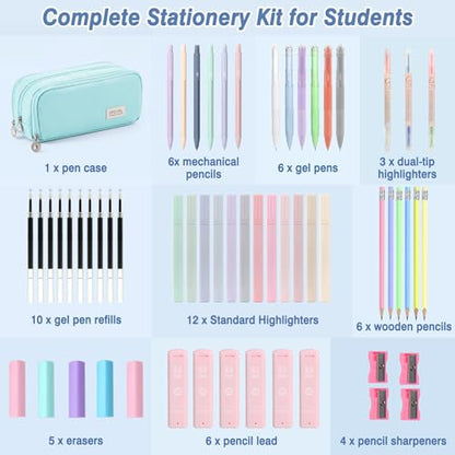 MoKo Pencil Case with Supplies, 59Pcs Aesthetic School Set, Blue | Includes gel pens, wooden and mechanical pencils, 0.5 and 0.7 mm refills, highlighters, erasers and sharpeners. - color: Blue-59P