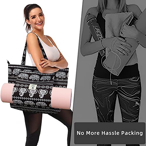 WLLWOO Yoga Mat Carrier Bag for Women Canvas Carryall Tote Gym Pilates | Large Holder Zipper Shoulder for Beach Travel Workout Fitness Office - color: elephantle