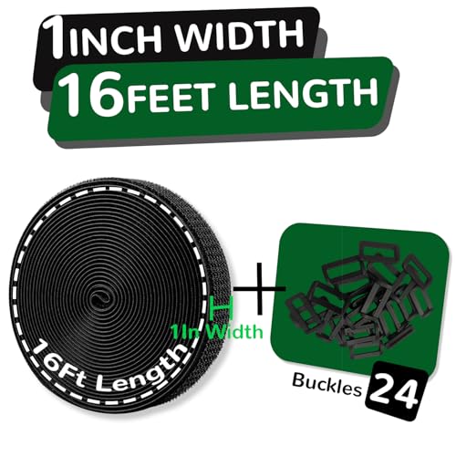 Adjustable Cable Straps with 24 Buckles 1" x 16Ft, Free Cut Length, Reusable Fastening Cable Ties, Hook and Loop Securing Strap for Cable Tidy, Wire Management, Cord Organiser, Black