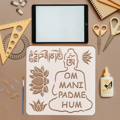 FINGERINSPIRE 9 Pcs Religious Pattern Stencils with a Brush 11.8x11.8Inch Buddha Painting Stencils Yoga Pattern Template PET Mandala Lotus Flower Template for Wood Wall Floor Tiles Furniture - style: Religious Mandala Buddha