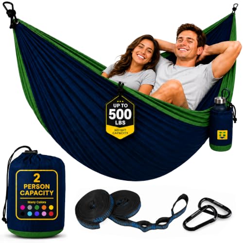 Durable Hammock 500 lb Capacity, Nylon Camping Hammock Chair - Double or Single Sizes w/Tree Straps and Attached Carry Bag - for Travel/Backpacking/Beach/Backyard (Large, Dark Blue & Forest Green) - color: Dark Blue & Forest Green, size: Large
