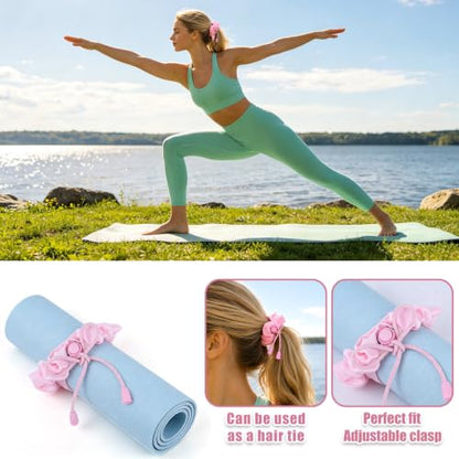 NQEUEPN 3pcs Yoga Mat Scrunchie, Mat Strap & Hair Tie (Pink)