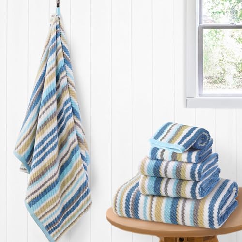 VOOVA & MOVAS Striped Towels 6 Pack, 100% Cotton, Blue Gray Beige - color: Blue + Gray + Beige Striped, size: 6 PCS Bathroom Towels