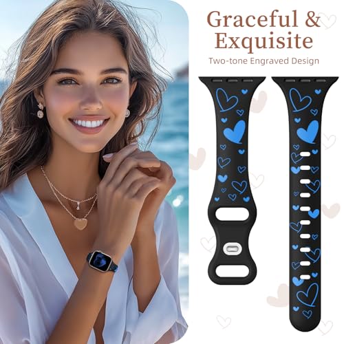 Lerobo Slim Thin Two-Tone Compatible with Apple Watch Band 40mm 38mm 41mm 42mm 44mm 45mm 46mm 49mm for Women- Soft Cute Flower/Heart Engraved Sport Band for iWatch Series 11 10 9 8 7 6 5 4 3 SE Ultra - color: B Black/Blue, size: 44mm/45mm/46mm/49mm/(42mm-