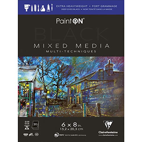 Clairefontaine - Ref 975489C - Paint'ON Mixed Media Black Glued Pad (20 Detachable Sheets) - 15.2 x 20.3cm (6 x 8in), 250gsm Heavyweight Paper (USA Version) - color: Black, size: 6 x 8 inches