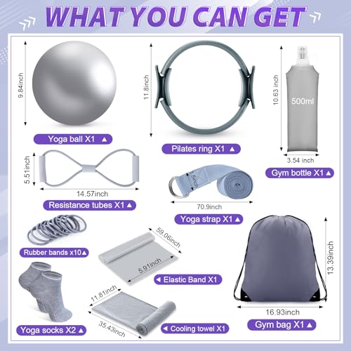 Halloscume 24 Pcs Pilates Kit, Home Pilate Equipment for Women, Pilates Ring and Ball Set with Stretching Strap, Water Bottle, Magic Circle, Yoga Ring, Gym Bag, Resistance Band, Anti Slip Sock - color: Gray