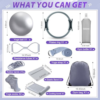 Halloscume 24 Pcs Pilates Kit, Home Pilate Equipment for Women, Pilates Ring and Ball Set with Stretching Strap, Water Bottle, Magic Circle, Yoga Ring, Gym Bag, Resistance Band, Anti Slip Sock - color: Gray