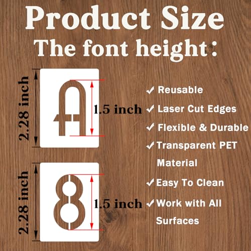 YEAJON 1.5 Inch Letter Stencils and Numbers, 42 Pcs Alphabet Drawing Stencils, Reusable Plastic Craft Templates for Painting on Wood, Wall, Fabric, Rock, Signage - size: 1.5 Inch