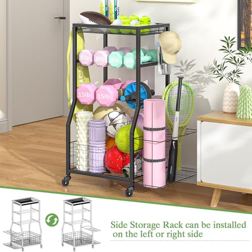 Home Gym Storage Rack, Dumbbell Rack with Yoga Mat Storage, Weight Rack Stand with Lockable Wheels and Hooks, Home Workout Equipment Organizer for Yoga, Dumbbell, Kettlebells, Ball Storage - size: Small