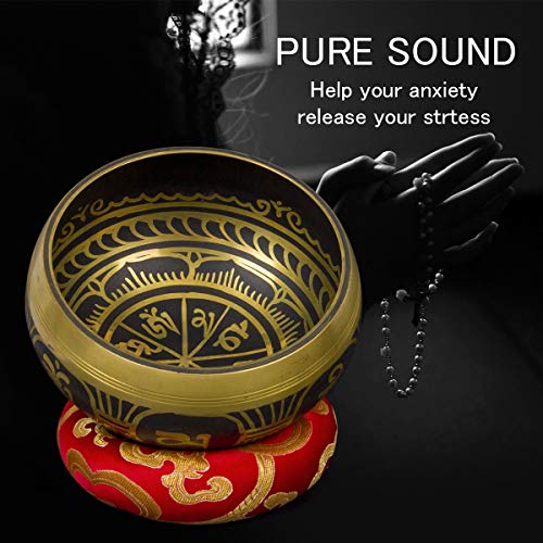 Tibetan Handcrafted Nepal Singing Bowl, 4.5 inch Master Healing Grade, Pure Tone Sound Art Bowls Meditation Accessories Set for Yoga, Chakra Healing, Mindfulness, Stress Relief, Self-Regulation Gift - color: 4.5inch Gold