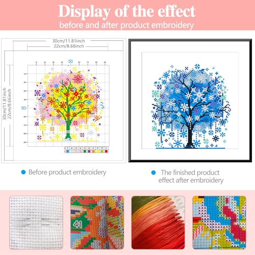 Zhenqing Blue Tree of Life Stamped Cross Stitch Kit for Beginners, 11CT Printed 11.8 x 11.8 Inch Winter Snowflake Happiness Tree Pattern with Embroidery Floss, 2 Needles and English Instructions - color: Blue Winter Tree of Life