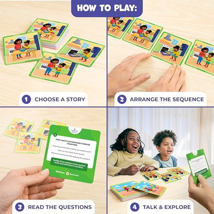 What Happens Next Game, Story Sequencing Cards for Speech Therapy Materials | 15 four-step stories with 4 scene action cards, esl teaching materials, articulation, phonological awareness, kindergarten