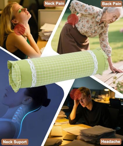 Adjustable Buckwheat Neck Roll Pillow for Nap, Firm Cervical Support Bolster with Neck Pain Relief, Cylinder Round Pillow with Plaid Lace Trim Pillowcase (16"x4",Green) - color: Green