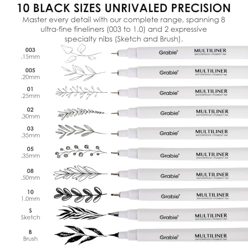 Grabie Micro Fineliner Pens, 10 Waterproof Black Drawing Pens | Waterproof Pigment Ink, Precision Drawing, Assorted Tip Sizes, Metal-Clad Nibs, Smooth Ink Flow - color: 10-Black