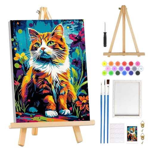 MOGTAA Cat Paint by Numbers Kit for Adults Beginners with Frame, Landscape Adult Paint by Number Kits on Canvas with Easel, Easy DIY Animal Oil Painting Kits for Home Decor, 8x12in - color: Cat
