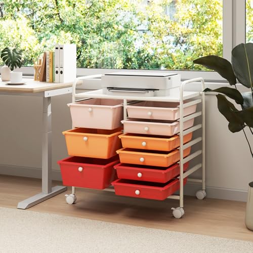 9 Drawer Rolling Storage Cart, Rolling Cart with Drawers for Classroom, Art Supply Craft Organizer on Wheel with Metal Frame & Handles for Home Office School - color: Macaron, size: 9 Drawer