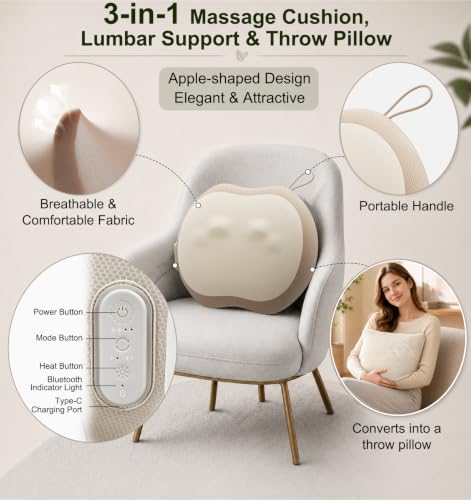 LOFTILLA Smart Lower Back Massager, Dual-Sided Heat & App Control | 3-in-1 Shiatsu Neck & Shoulder Massager for Pain Relief, Muscle Relaxation, Lumbar Support Pillow, Versatile Multi-Area Use